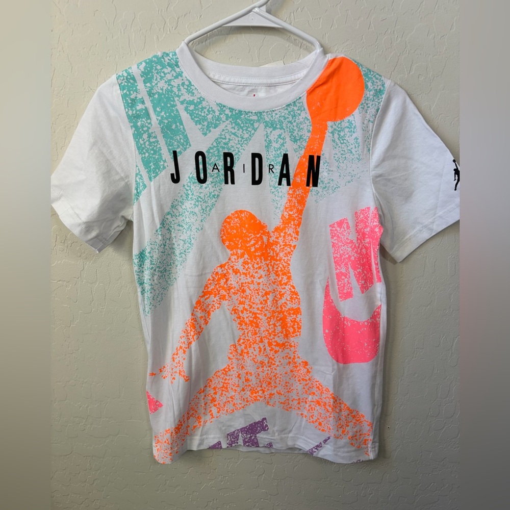 Jordan White Tee with Neon Orange Jumpman and Teal & Pink Accents